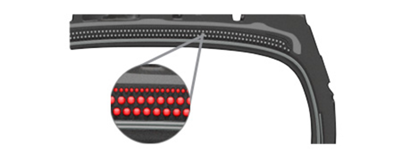 Dueler tyres are designed to reduce the risk of sharp objects puncturing your tyres. Image of tyre tread technology.